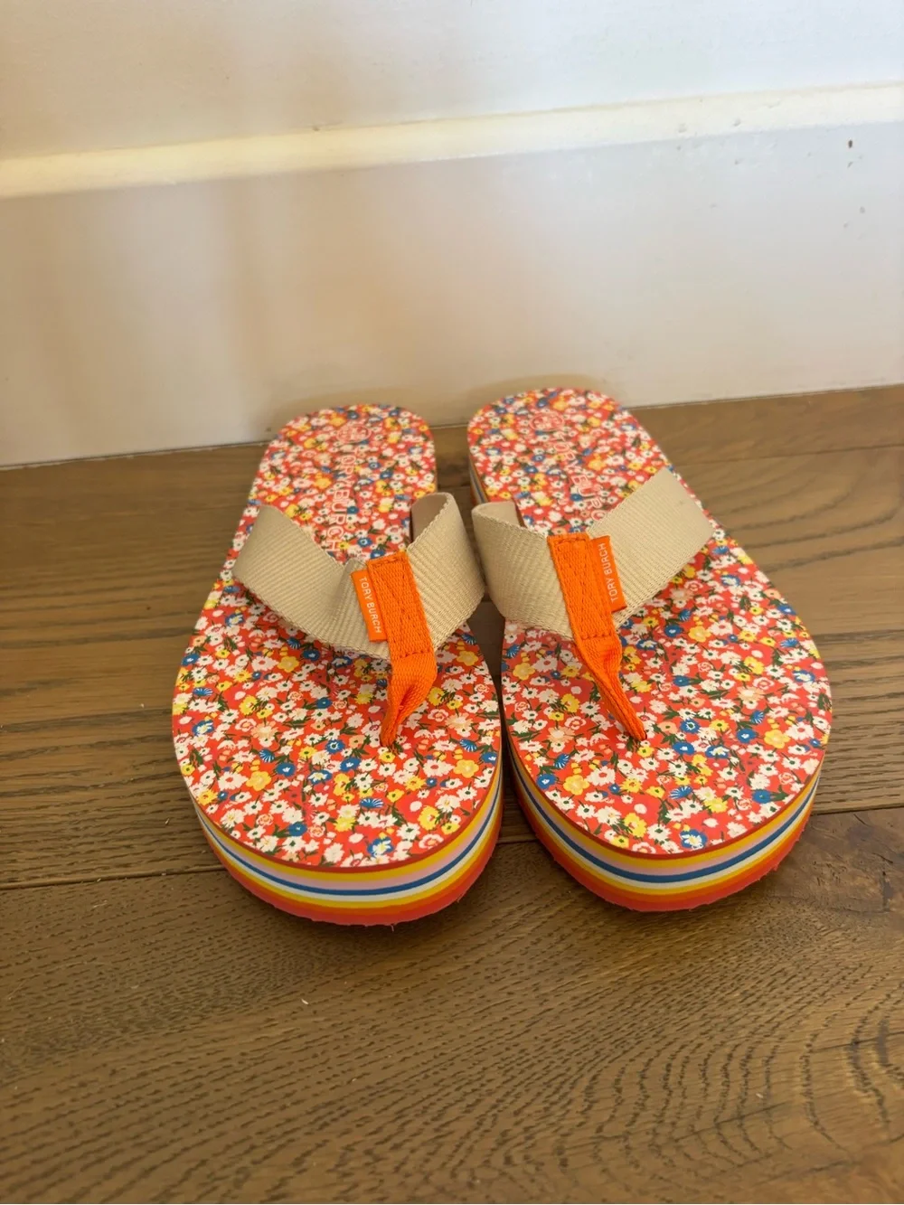 Womens Floral Stripe Platform Flip Flop - Beige & Orange